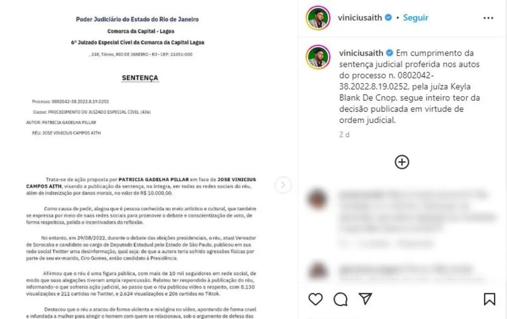 Vereador que atacou Patrícia Pilar recua outra vez e publica sentença em suas redes sociais