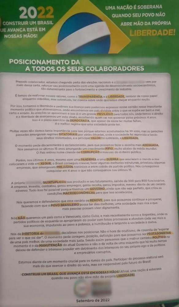 Empresa pressionou funcionários a votar em Bolsonaro; MP age e houve retratação