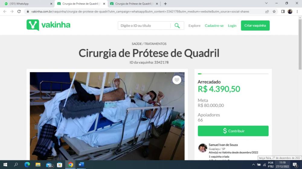 Morador do interior cria vaquinha virtual para cirurgia do quadril;valor é de R$ 80 mil